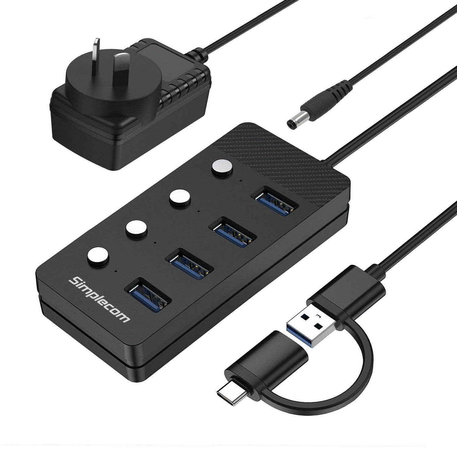 Simplecom CH345C SuperSpeed USB-A and USB-C to 4-Port USB 3.0 Hub 5Gbps Individual Switches and Power Adapter Simplecom CH345C SuperSpeed USB-A and USB-C to 4-Port USB 3.0 Hub 5Gbps Individual Switches and Power Adapter